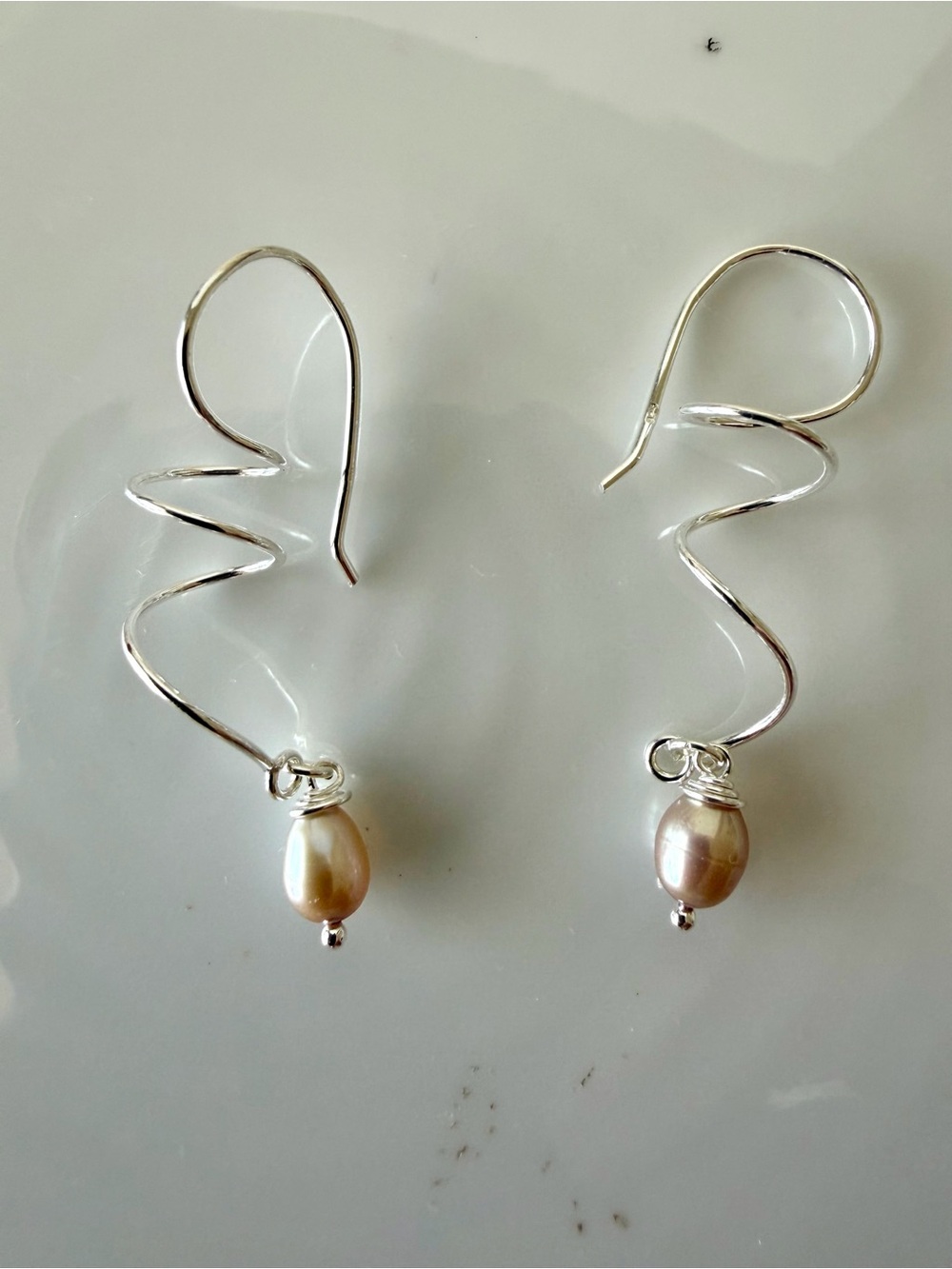 Silver Spiral Drop Earrings with Iridescent Pearl